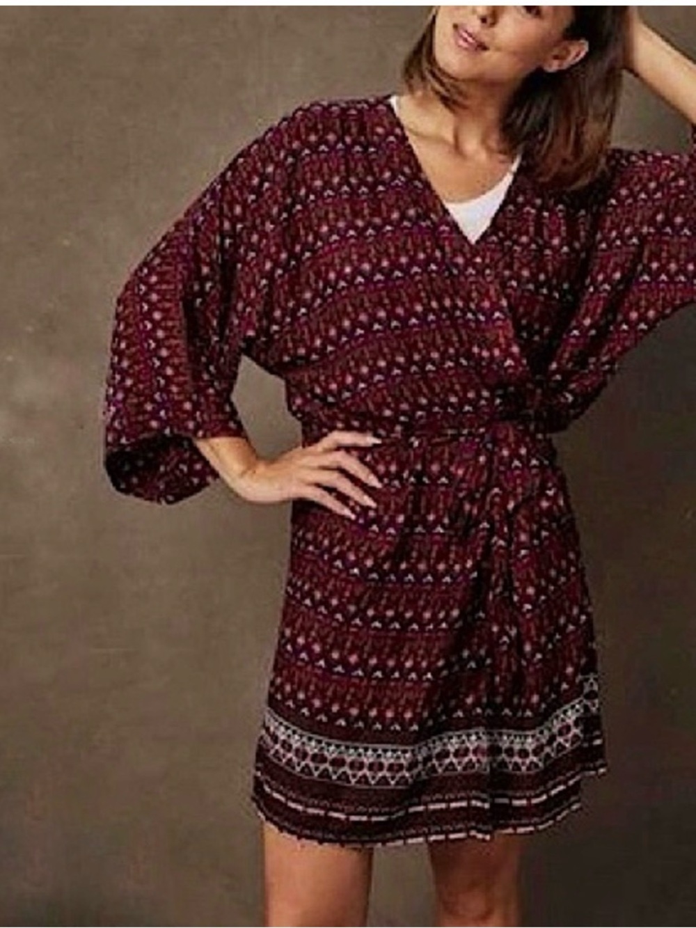 Women’s Burgundy Patterned Belted Kimono-Style Dress